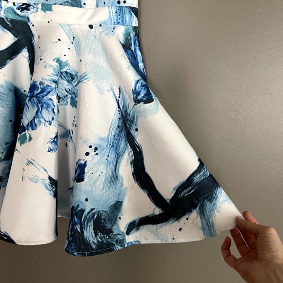 Lulu's Calligraphy Fonts Blue and Ivory Print Skater Dress Sz XS Abstract Floral - Picture 13 of 16